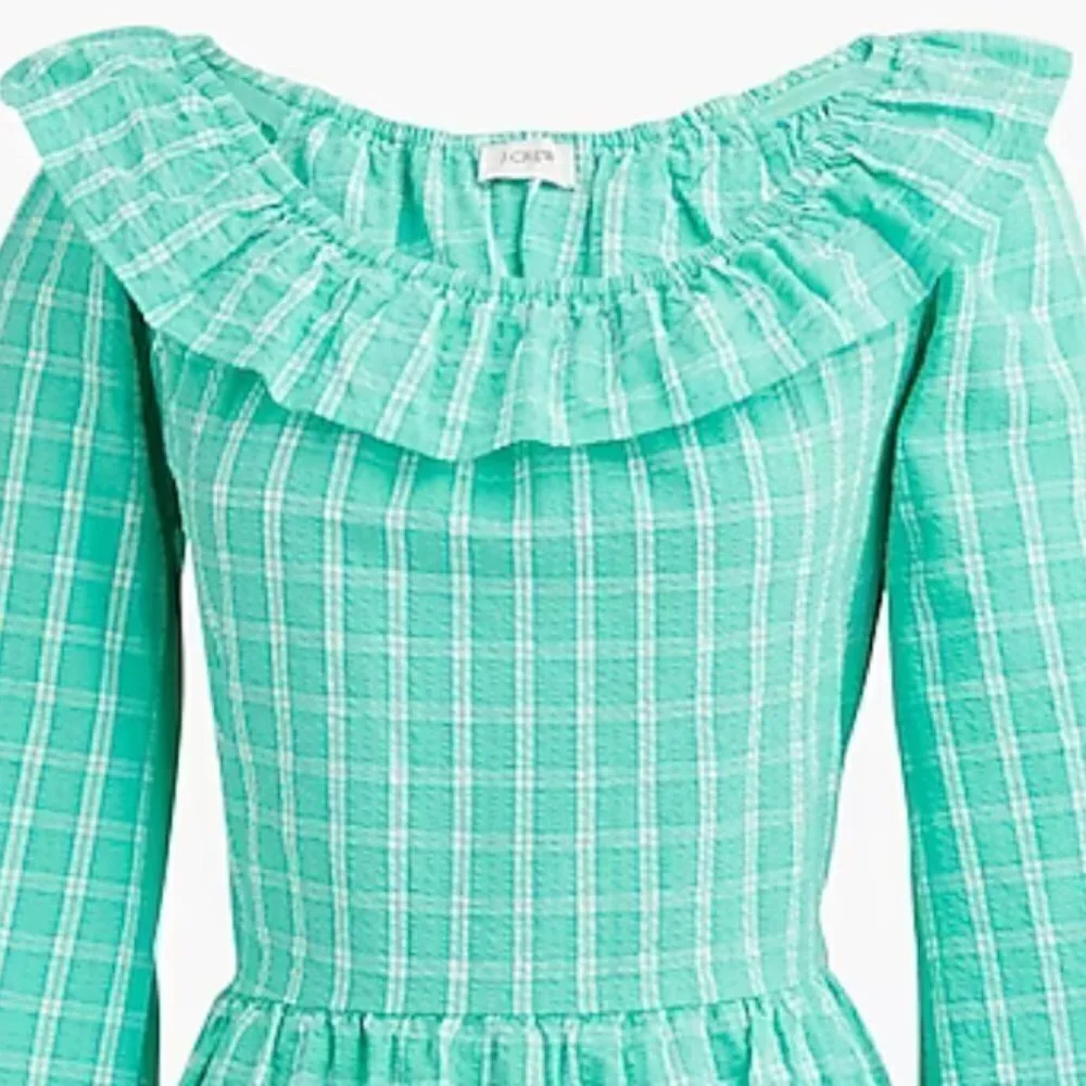 J. Crew Seersucker Ruffleneck Cotton Mini Dress, Aqua Green Blue, Cottagecore